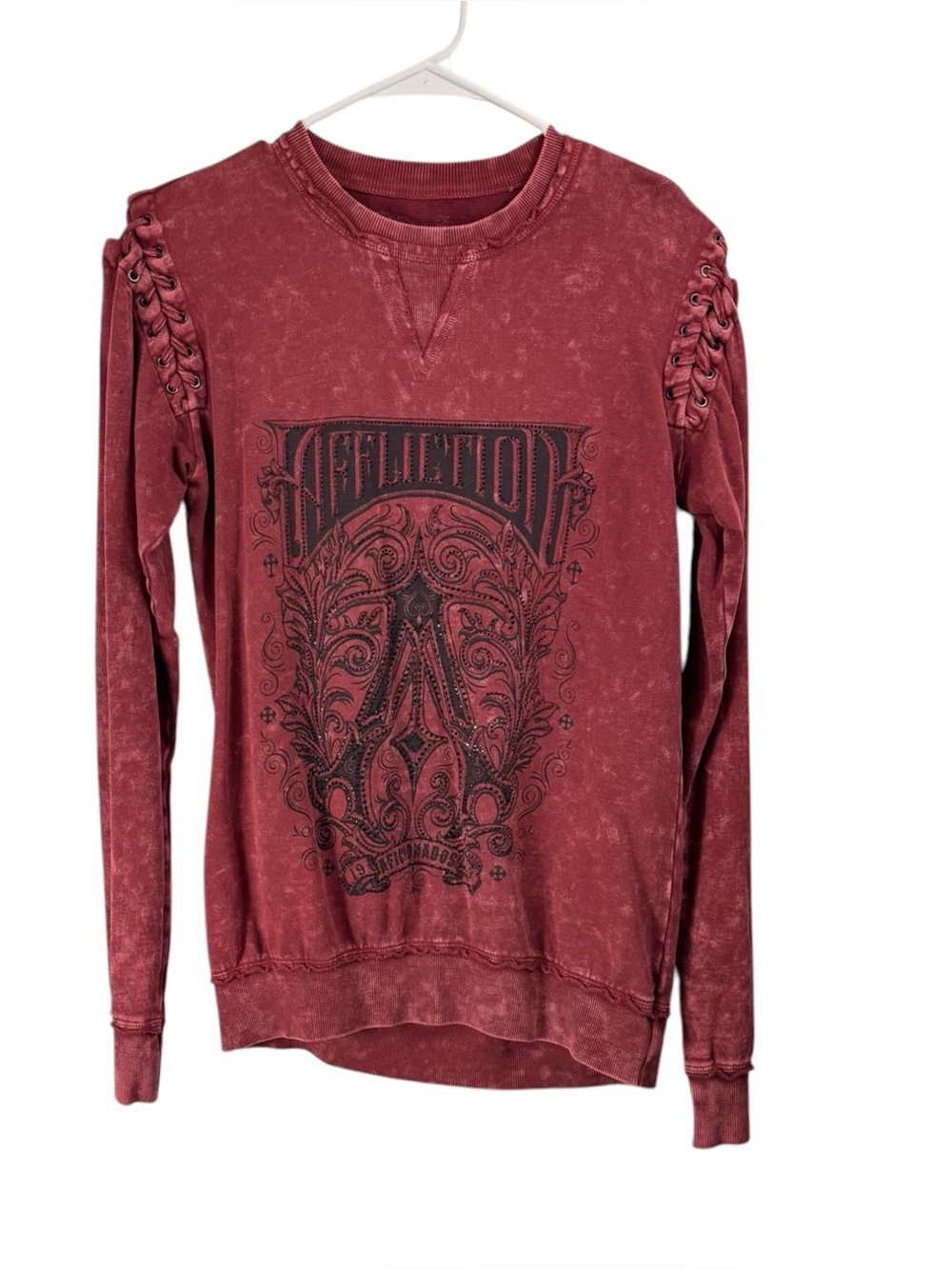 Affliction Womens S/M Red Lace Up Shoulder Sweatshirt Long Sleeve Knit Top